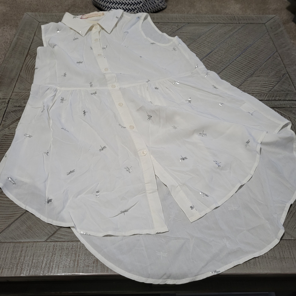 Solitaire White High Low Collared Blouse Silver Dragonflies NWT